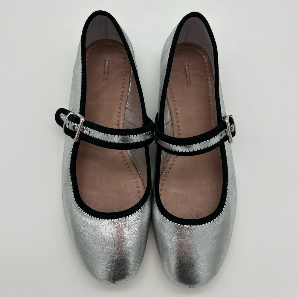 Maeve Anthropologie Mary Jane Silver and Black Trim Flats with Buckle Closure 37 - Picture 4 of 11